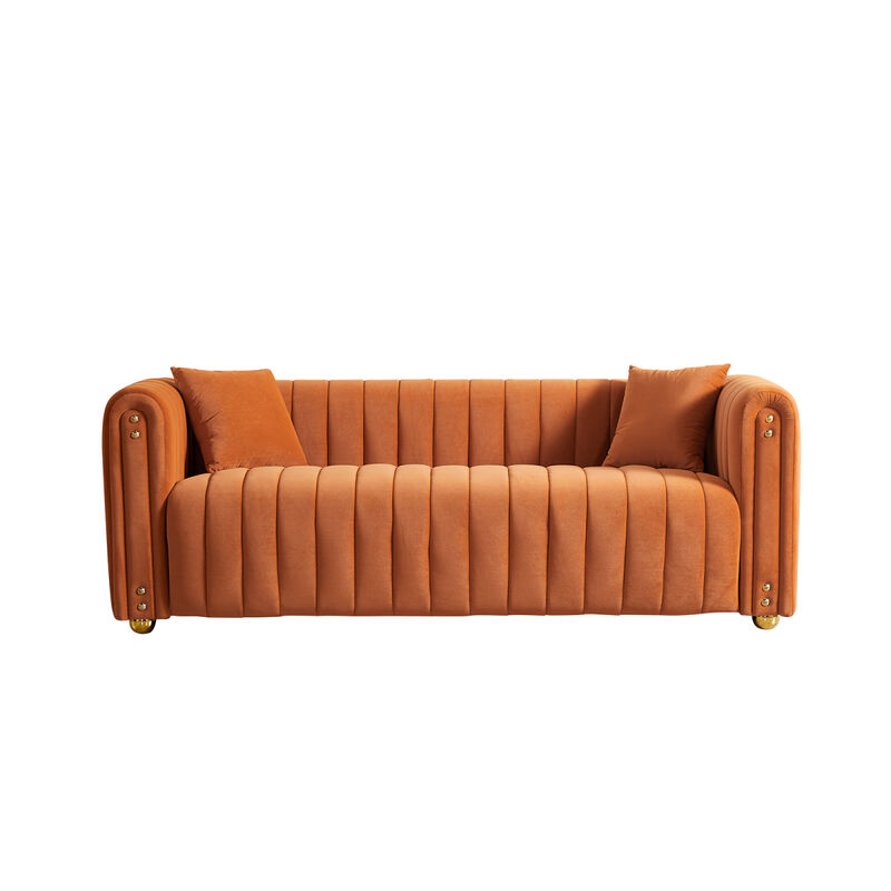 79.92" Modern Vertical Channel Tufted Velvet Sofa, Comfortable Sofa for Living Room Orange