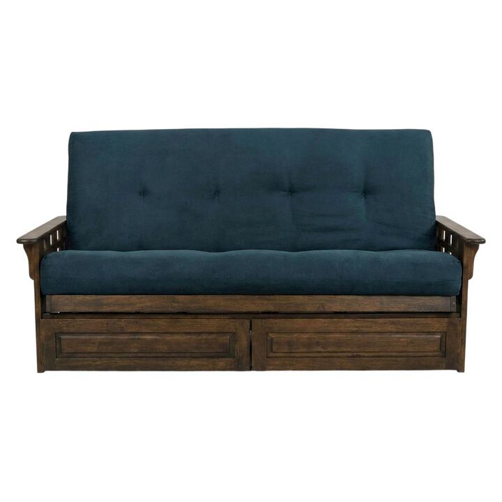 Tacoma Frame-Rustic Walnut Finish-Suede Navy Mattress-Storage Drawers