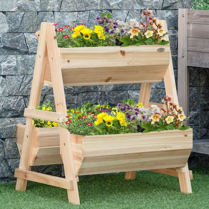 Raised Garden Bed A-shaped Wooden Planter Box with Nonwoven Fabric for Backyard