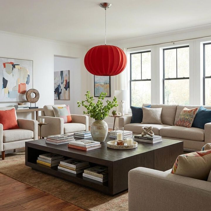 HomeRoots Shanghai 1-Light Brushed Nickel Pendant With Sheer Red Ribbon Shade