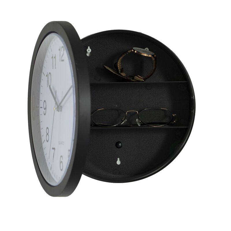 Contemporary Black Wall Mounted Plastic Clock with Hidden Storage Door - Secret Interior Compartment, Hidden Safe for Storing Valuables - 10 Inch Dia - Stylish Home Security and Organization Solution with Modern Elegance