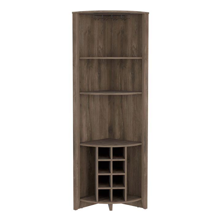 DEPOT E-SHOP Giza Corner Bar Cabinet, Three Shelves, Eight Built-in Wine Rack, Two Side Shelves, Dark Brown