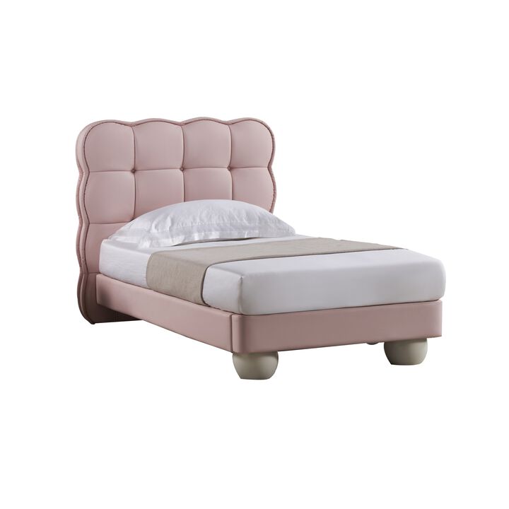 Jeny Queen Size Bed, Pink Leather Upholstered Tufted Headboard, Wood - Benzara