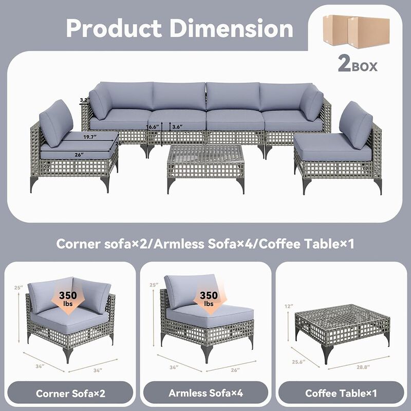 Mondawe 7-Piece Vintage Gray Wicker Outdoor Patio Conversation Set with Cushions and Coffee Table