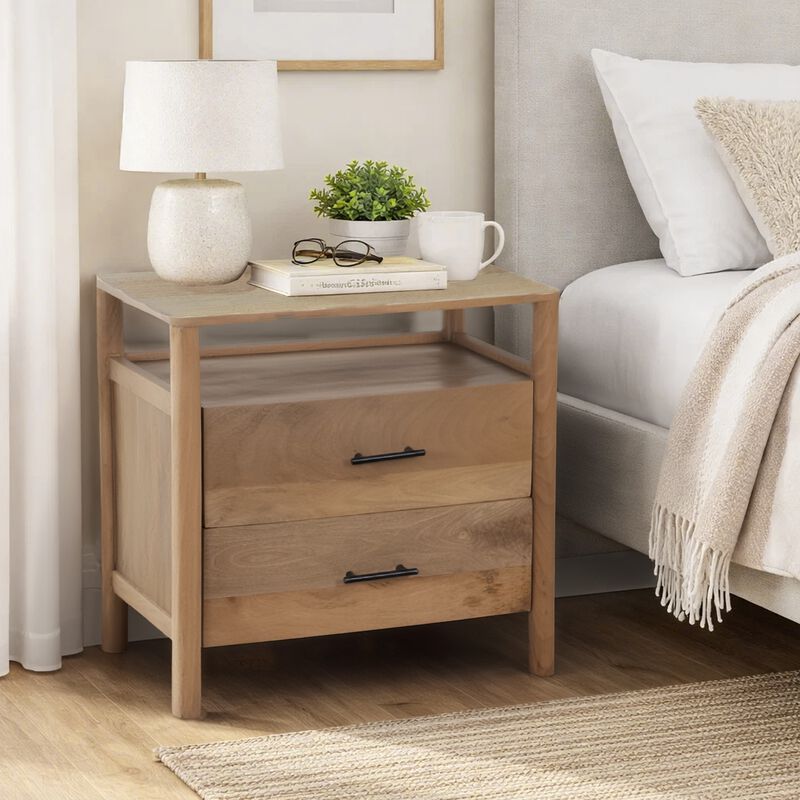 Geti 29 Inch Bedside Nightstand Table, 2 Drawer, Open Shelf, Handcrafted Natural Oak White Mango Wood image number 4