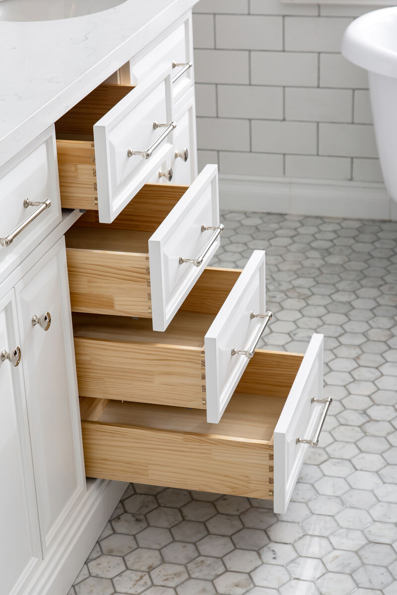 Palace 60 In. Double Sink Carrara Quartz Countertop Bath Vanity in Pure White with Polished Nickel (PVD) Hardware