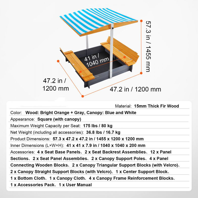 Outdoor Wooden Sandbox with Adjustable Canopy, Foldable Seats and Bottom Liner for Kids image number 2