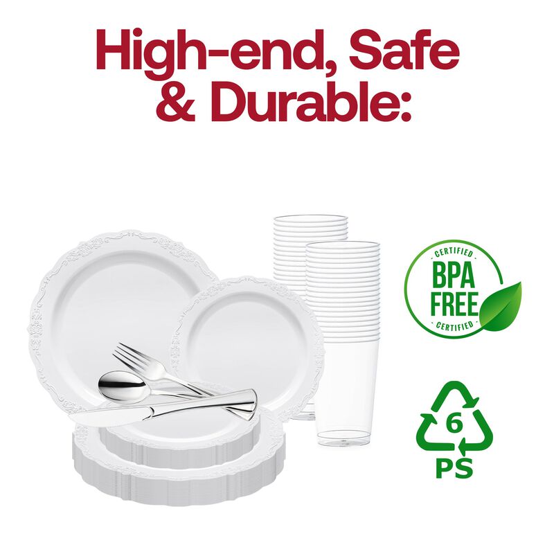White Vintage Round Plastic Wedding Value Set (30 Sets) image number 4