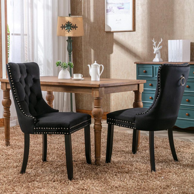 Velvet Upholstered Dining Chairs, Set of 2 &ndash; Tufted Back & Wood Legs