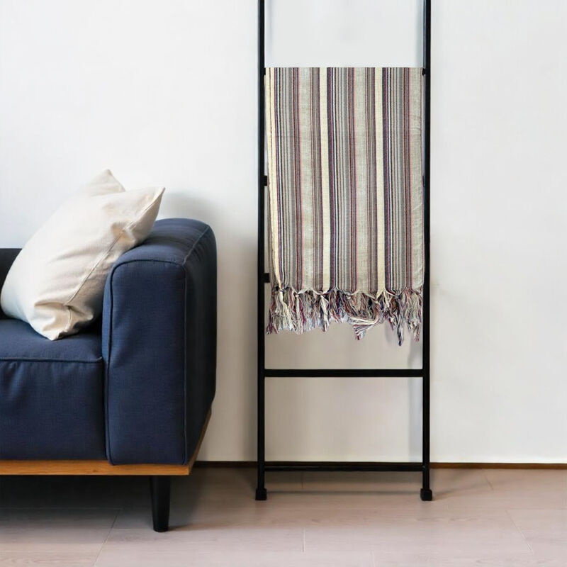 HomeRoots 39" X 71" Gray Cotton Plain Weave Striped Turkish Towel Throw Blanket with Tassels image number 1