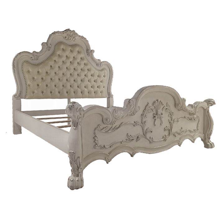 Ally King Bed, Decorative Carved Accent Inlay, Bone White Wood, Silver - Benzara