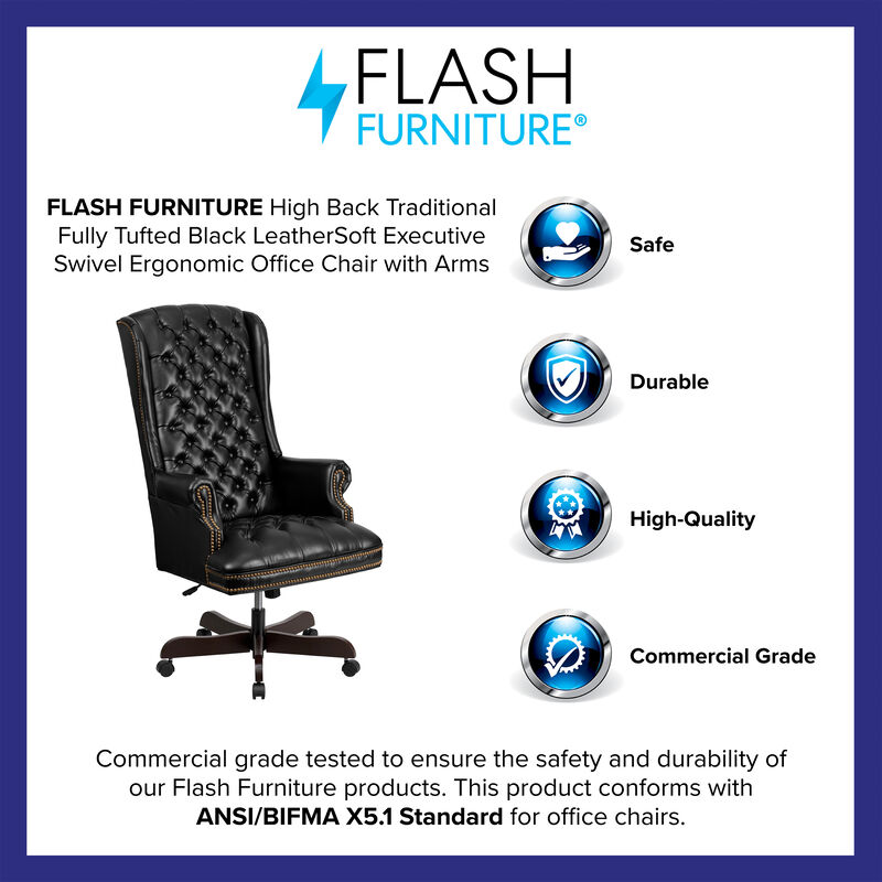 Turner High Back Traditional Fully Tufted LeatherSoft Executive Swivel Ergonomic Office Chair with Arms image number 8