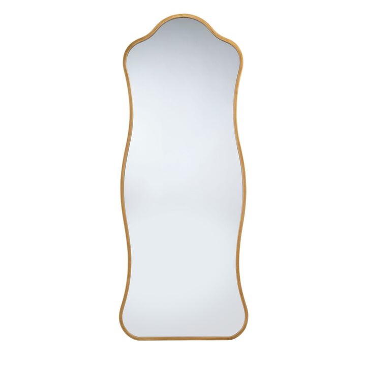 Ari Floor Mirror, 58 Inch, Brass Metal Wavy Frame, Hand Forged Iron - Benzara