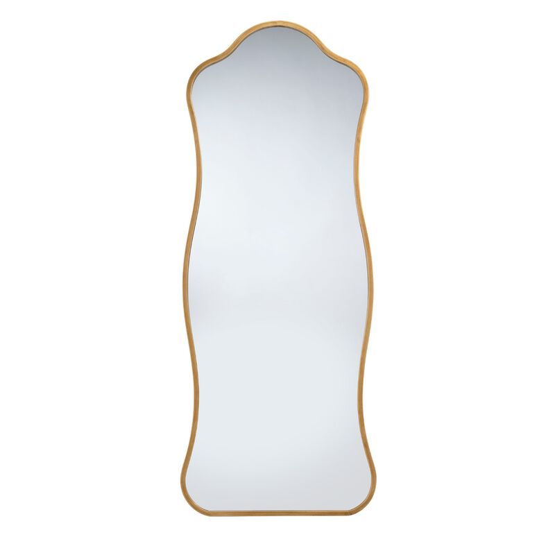 Ari Floor Mirror, 58 Inch, Brass Metal Wavy Frame, Hand Forged Iron - Benzara
