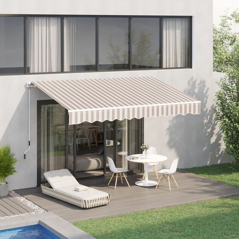 Beige Striped Canopy: 10x8 Retractable UV-Protective Patio Awning