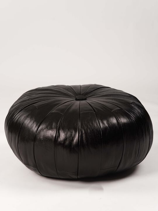 Handmade Eco-Friendly Solid Leather Black Round Pouf 24"x24"x18" From BBH Homes