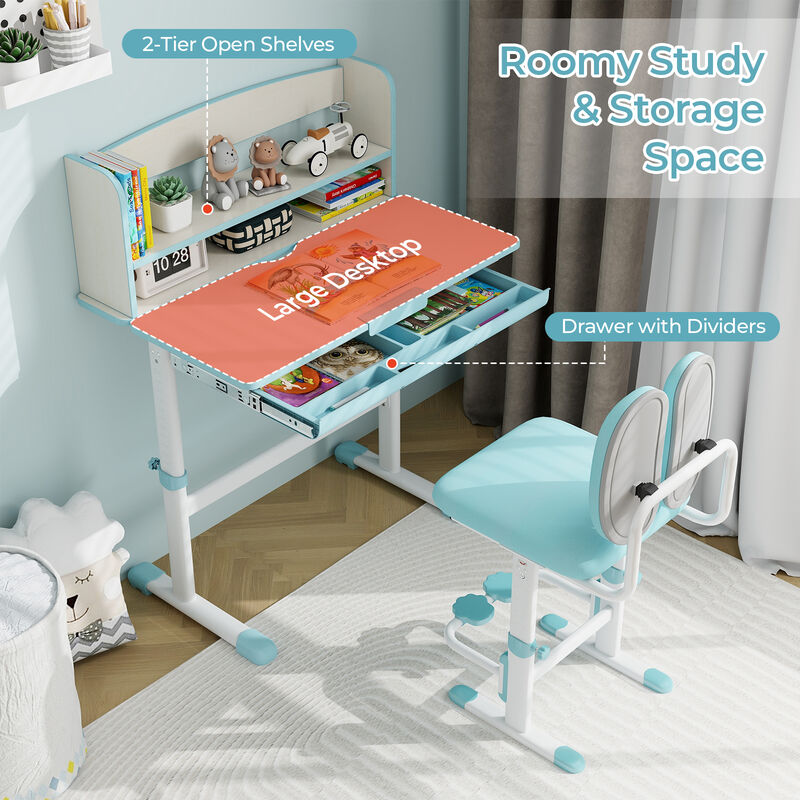 Kids Desk and Chair Set with Adjustable Height and Tilted Desktop