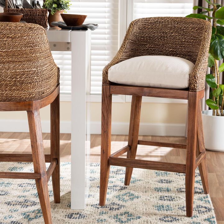 bali & pari Jasper Seagrass Bar Stool with Mahogany Wood Frame - Coastal Seating with Woven Wingback and Cushioned Seat for Bar Island or Lounge