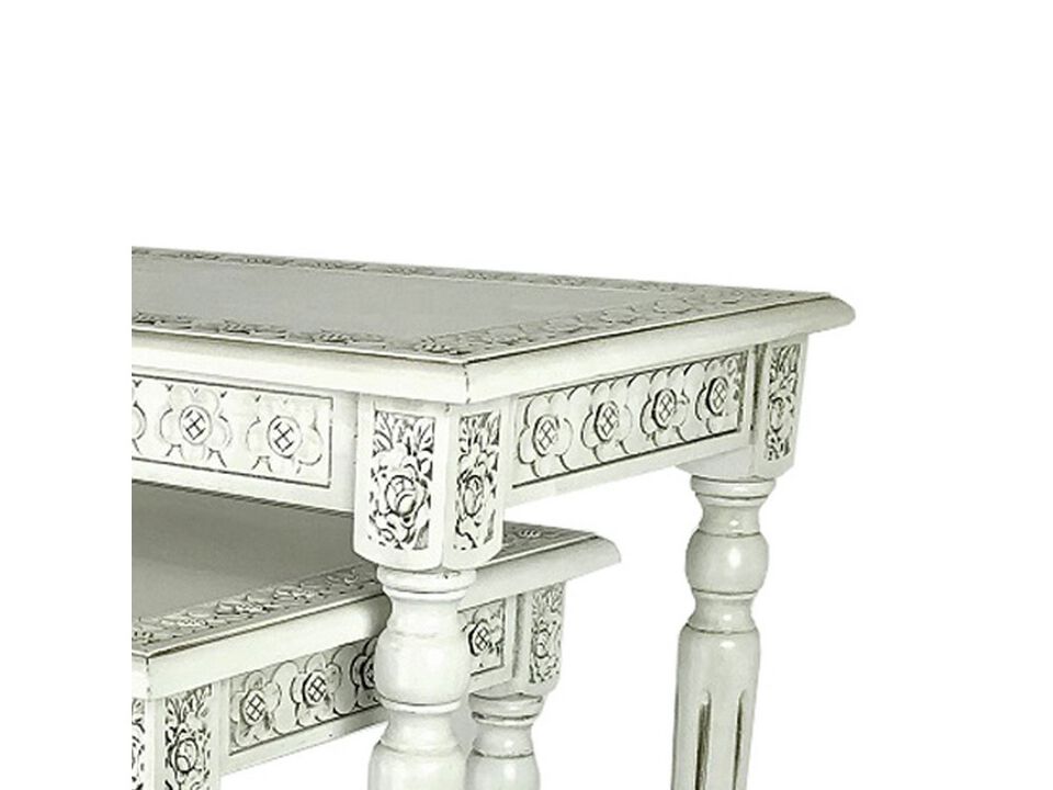 Elegantly Engraved Wooden Frame Nesting Table, Set of 2, Antique White - Benzara