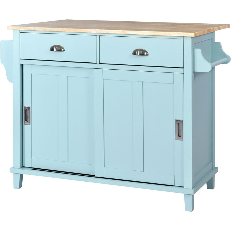 Kitchen Cart with Rubber wood Drop-Leaf Countertop, Concealed sliding barn door adjustable height, Kitchen Island on 4 Wheels with Storage Cabinet and 2 Drawers, L52.2xW30.5xH36.6 inch, Mint Green