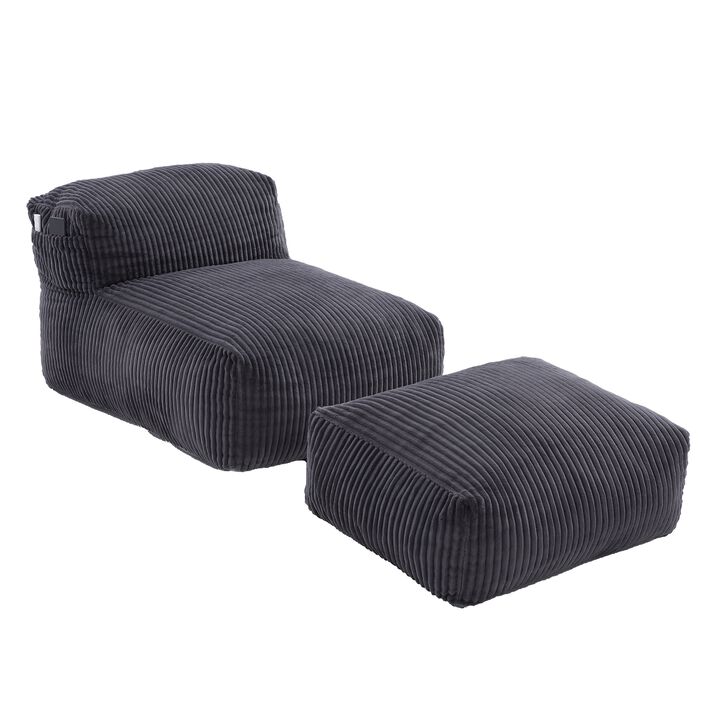 Large Bean Bag Chair for Adults with Ottoman, Soft Corduroy Bean Bag Sofa, Ergonomic Lounger for Living Room, Bedroom, Dorm & Balcony