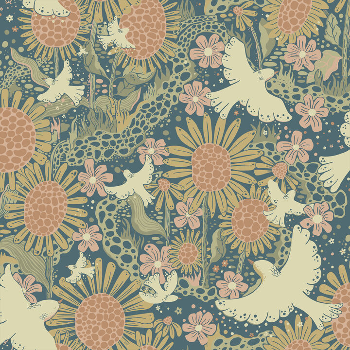 Dr&Atilde;&para;mma Teal Songbirds and Sunflowers Wallpaper