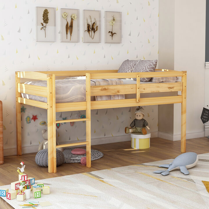 Whisen Twin Size Solid Wood Low Loft Bed with Ladder, Space Saving Loft Bed for Kids Bedroom