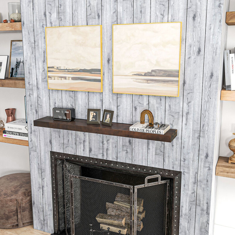 HOMCOM 48 Inch Fireplace Mantel, Floating Farmhouse Solid Fir Wood Shelf, Handmade Heavy Duty Wall Mounted Shelf, with Metal Bracket, Walnut Brown