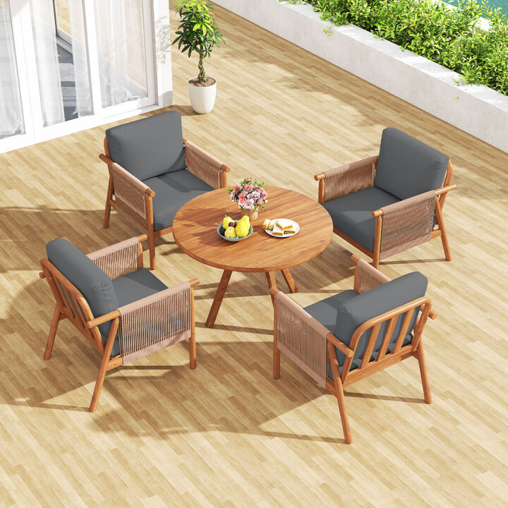 Set of 4 Outdoor Acacia Wood Chairs with Woven Rope Armrests and Cushions