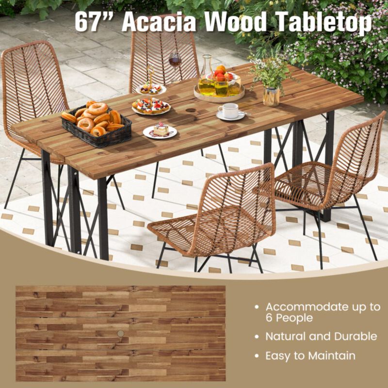 Hivvago 67 Inch Patio Rectangle Acacia Wood Dining Table with Umbrella Hole