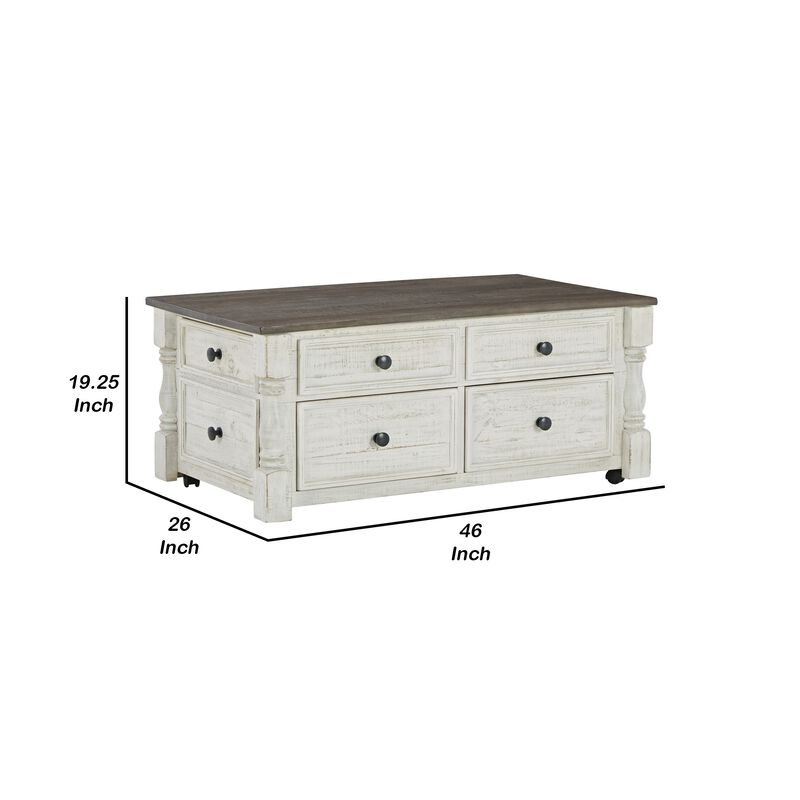 46 Inch Rectangular Lift Top Coffee Table, Faux Drawer Front, White, Brown-Benzara