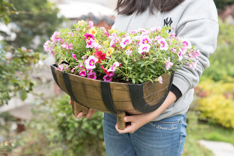 Rustic Wood- Look Plastic Half Barrel Flower Pot Garden Planter, Pack of 2
