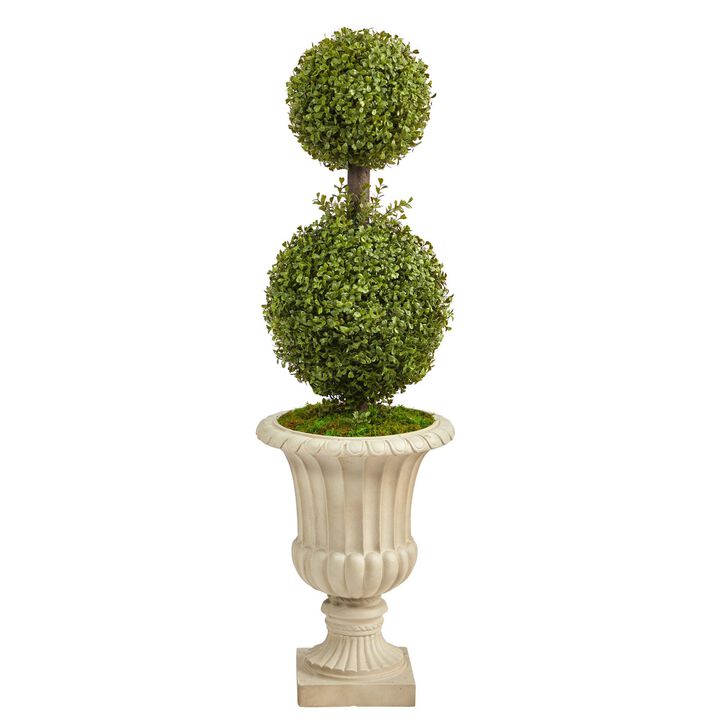 Nearly Natural 4-ft Double Boxwood Topiary Tree in Sand Finished Urn