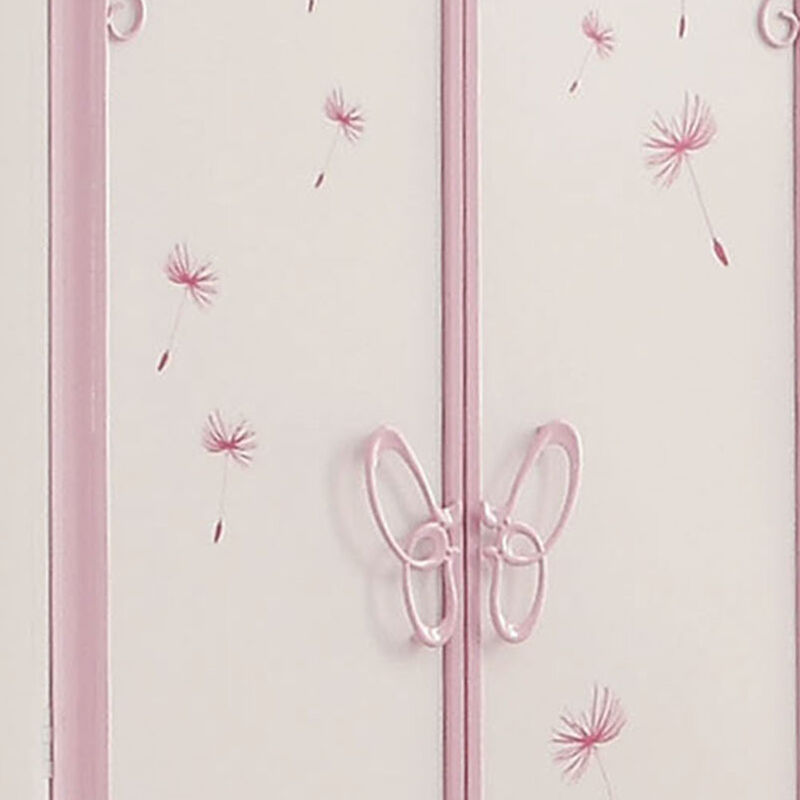 Metal Armoire with Butterfly Handle and Dandelions, White and Purple - Benzara
