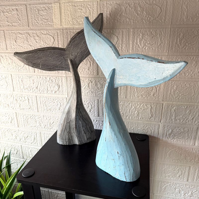 Wood Whale Tail Statues Set Of 2 Coastal Blue Gray 1575 In Decor image number 5