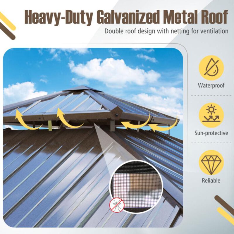 Hivvago Hardtop Gazebo with Netting and Curtain and Double-Roof Galvanized Metal Top image number 4