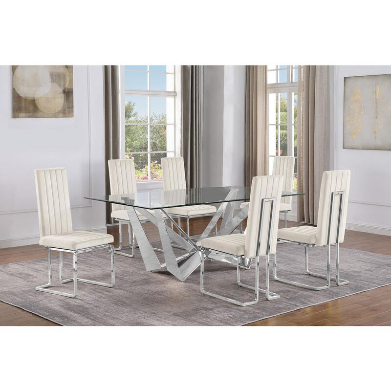 7pc Small(78") glass dining set with silver base and 6 Black side chairs