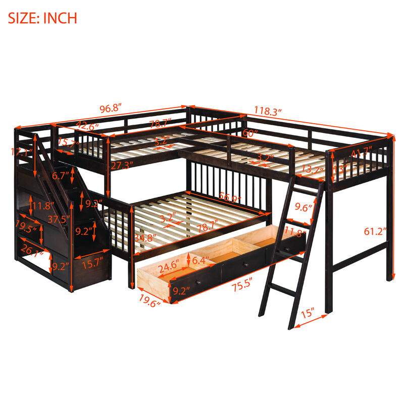 Twin Over Full L-Shaped Bunk Bed With 3 Drawers, Ladder And Staircase