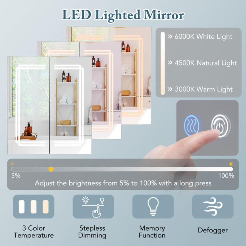 Hivvago 2 Doors Bathroom Mirror Medicine Wall Cabinet with Lights