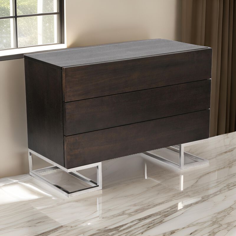 Sam 39 Inch Dresser, 3 Drawers, Sleek Steel Legs, Espresso Brown Wood