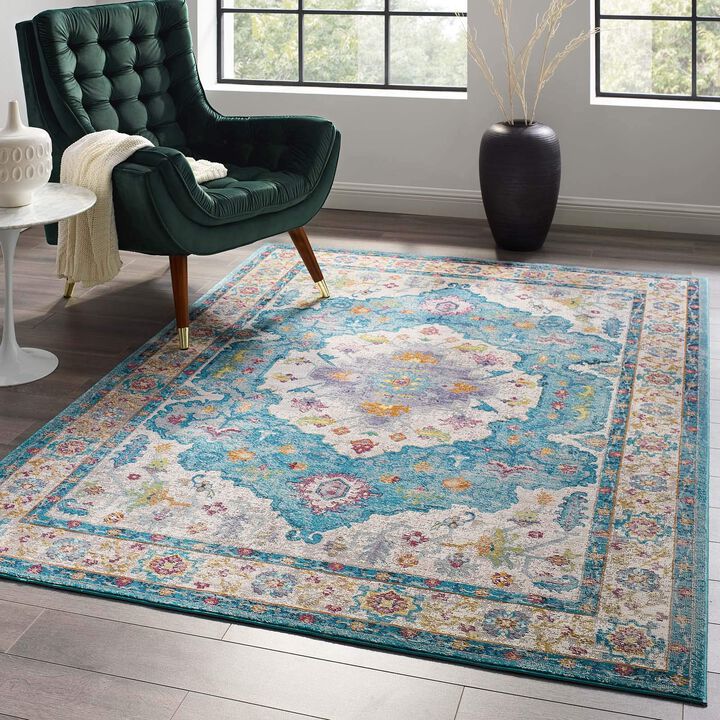 Modway Success Anisah Distressed Floral Vintage 5x8 Area Rug in Light Blue, Ivory, Yellow, Orange