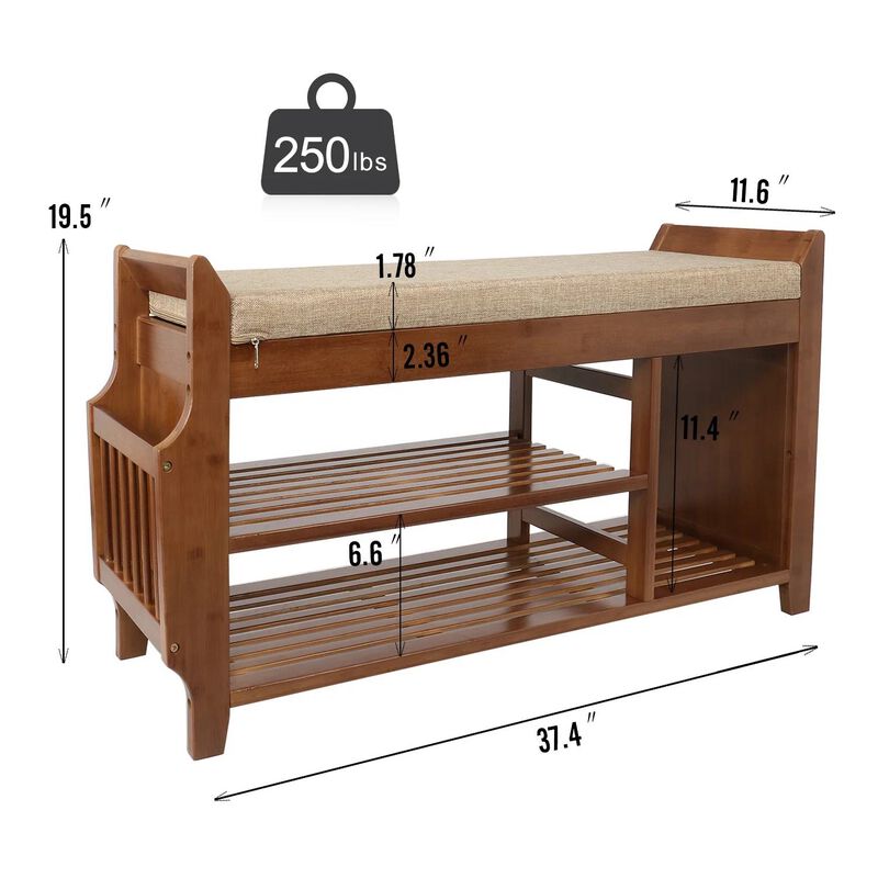 Hivvago Solid Wood Entryway Shoe Rack Storage Bench with Cushioned Seat 2 Shelves and Drawer