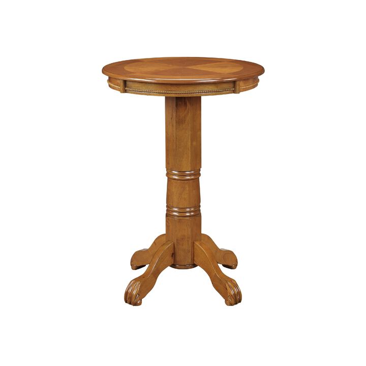 Ava 42 Inch Wood Pub Bar Table, Sunburst Design, Carved Pedestal, Oak