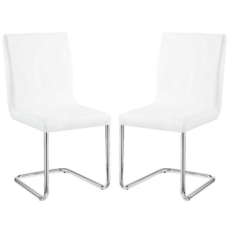 Tony 23 Inch Dining Side Chair, Vegan Faux Leather, Metal, Set of 2, White-Benzara