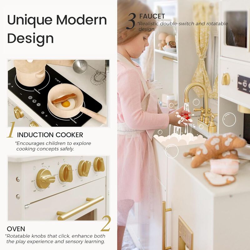 Play Kitchen for Kids - Interactive Wooden Kitchen with Coffee Maker & Microwave, Modern Home Design with Fabric Curtains, Pretend Play Toy image number 3
