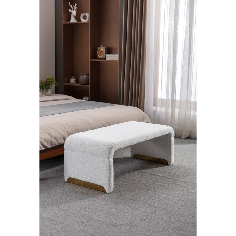 Boucle Fabric Loveseat Ottoman Footstool Bedroom Bench Shoe Bench With Gold Metal Legs, Ivory White