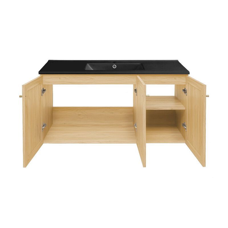 Classe 48" Wall-Mounted Bathroom Vanity in Natural Oak with Black Sink Top image number 3