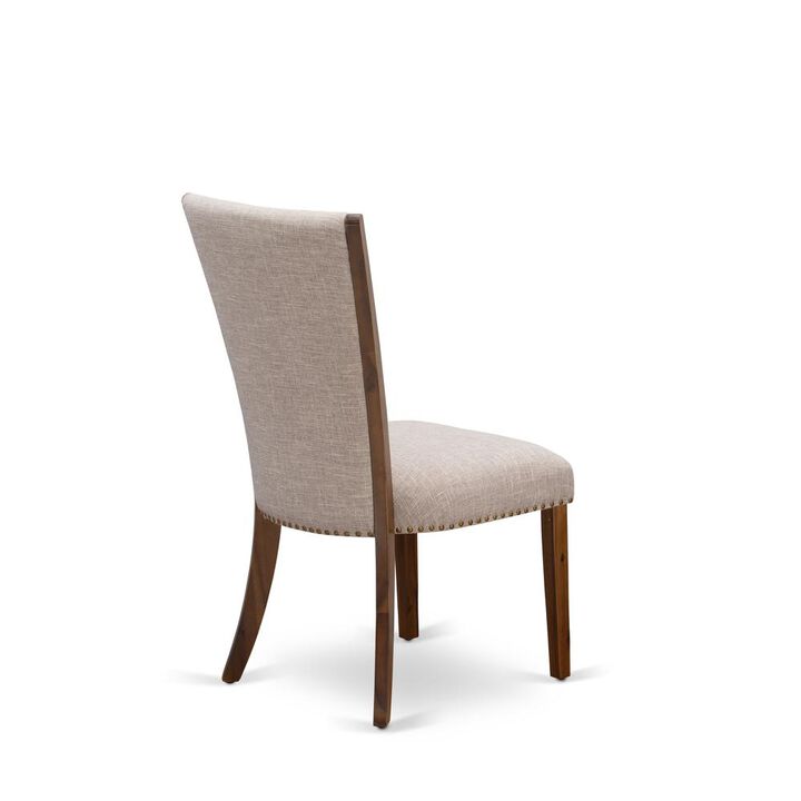 East West Furniture - Set of 2 - Modern Chairs- mid century Dining Chairs Includes Antique Walnut Wooden Structure with Light Tan Linen Fabric Seat with Nail Head and Stylish Back