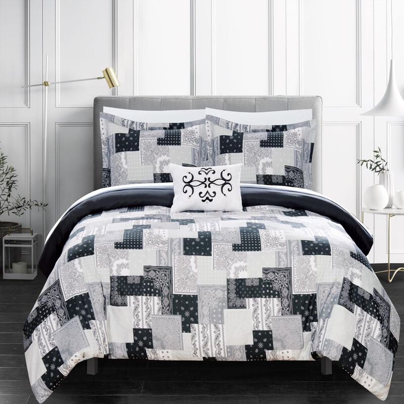 Chic Home Utopia 8 Piece Reversible Duvet Cover Set Patchwork Bohemian Paisley Print Design Bed in a Bag King Black