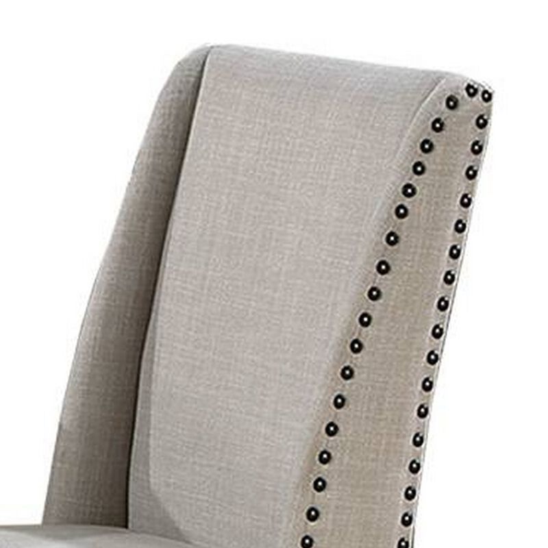 Alex Dining Side Chair Set of 2, Wingback, Nailhead Brown Wood, Beige - Benzara